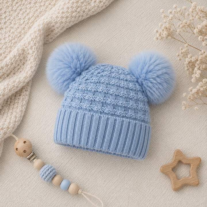 Knitted Blue Two Pompom Baby Hat