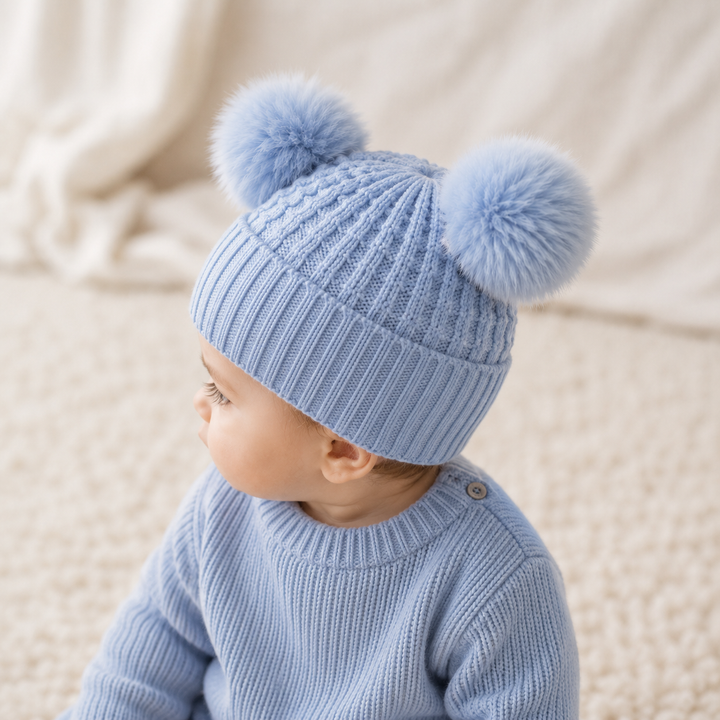 Knitted Blue Two Pompom Baby Hat