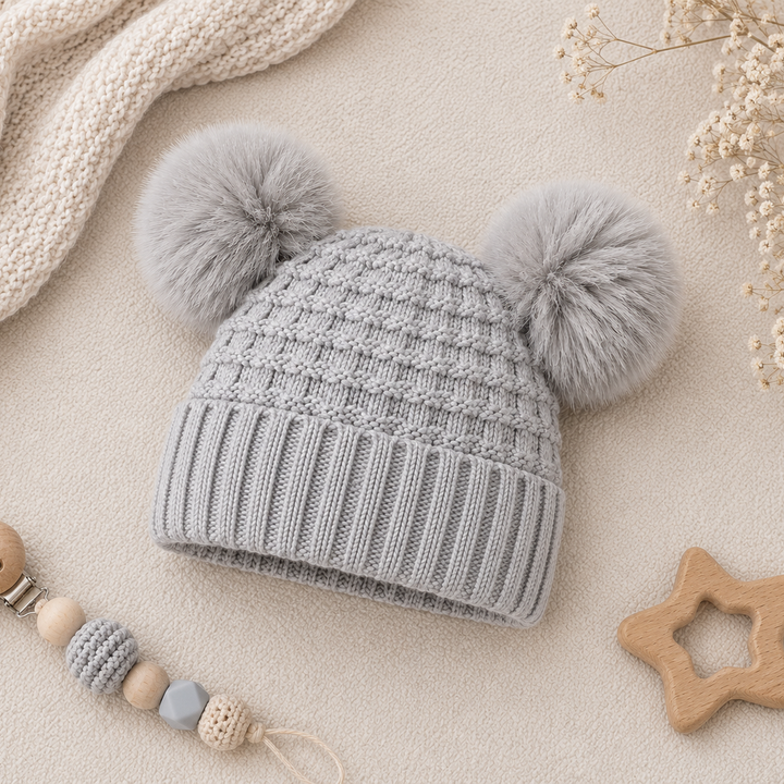 Knitted Grey Pompom Baby Hat