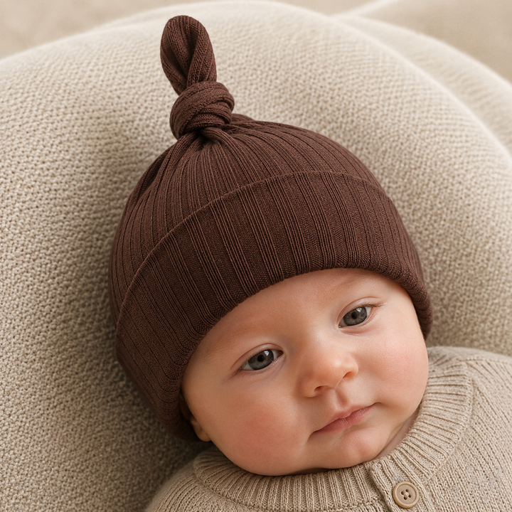 Chocolate Ribbed Knotted Baby Hat