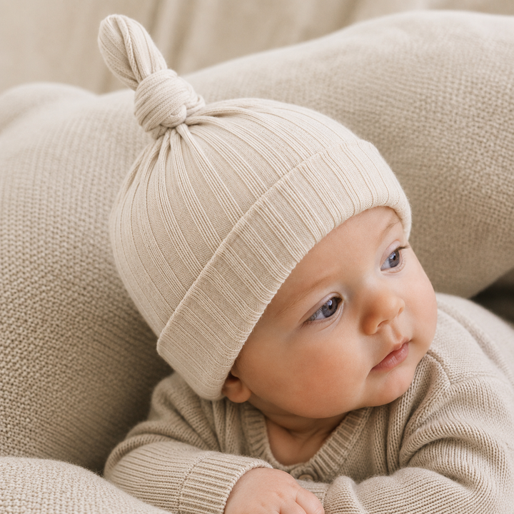 Biscuit Ribbed Knotted Baby Hat