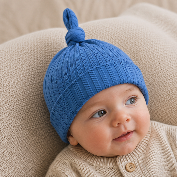 Azure Ribbed Knotted Baby Hat