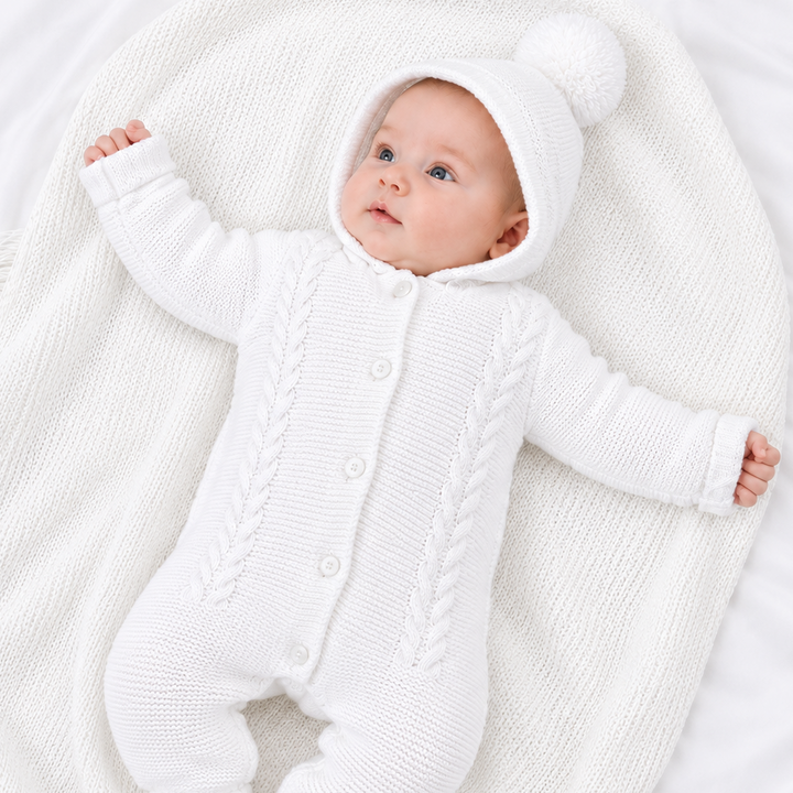 Hooded Knitted Pramsuit White
