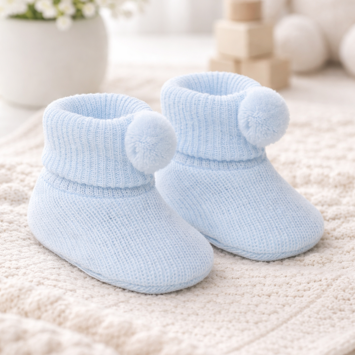 Blue Acrylic Booties with pom pom