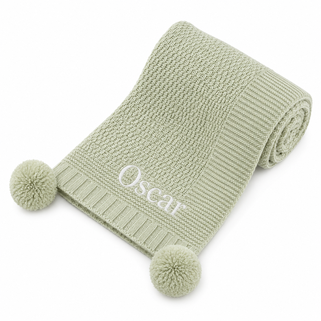 Personalised Sage Embroidered Knitted Baby Blanket