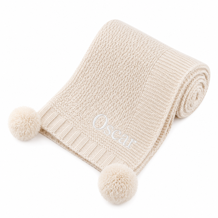 Personalised Beige Embroidered Knitted Baby Blanket