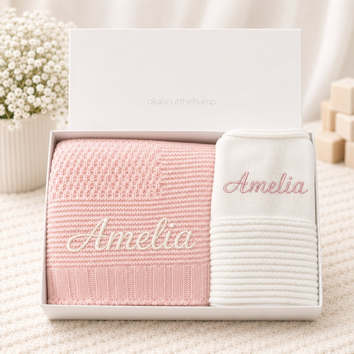 Personalised Pink Blanket and White Cardigan Embroidered Baby Hamper