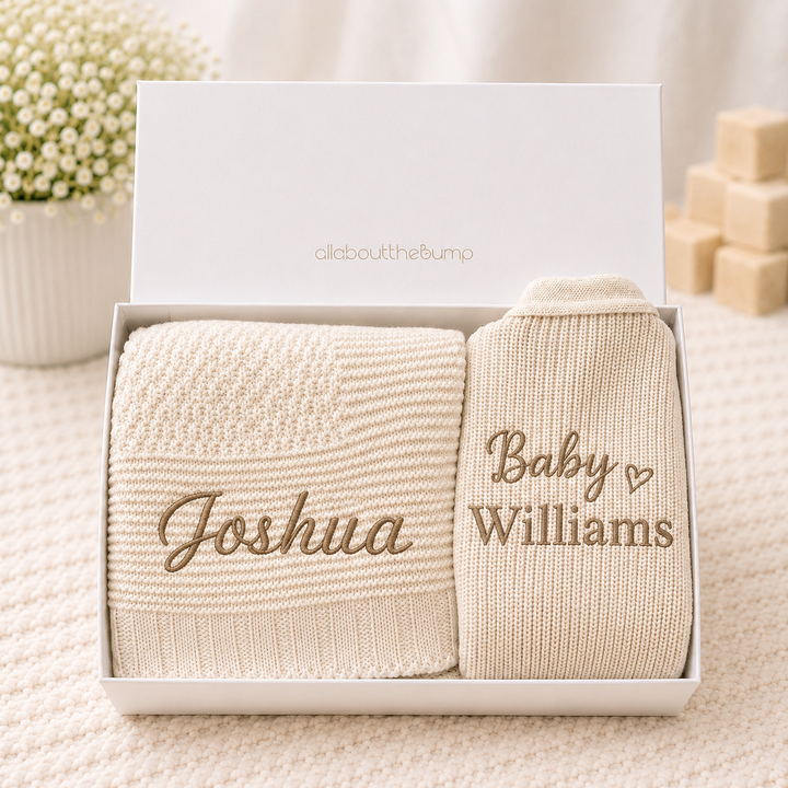 Personalised Beige Blanket and Cardigan Embroidered Baby Hamper