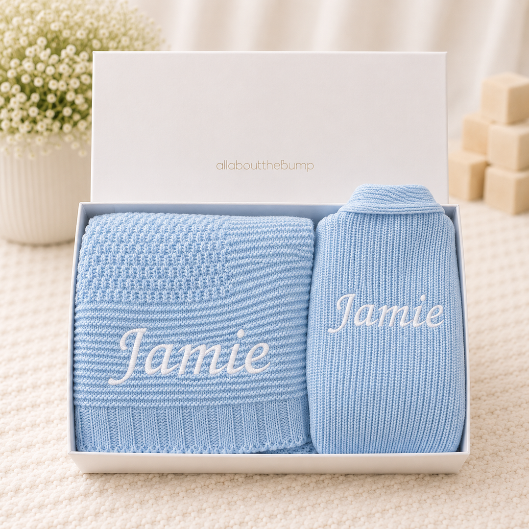 Personalised Blue Blanket and Cardigan Embroidered Baby Hamper