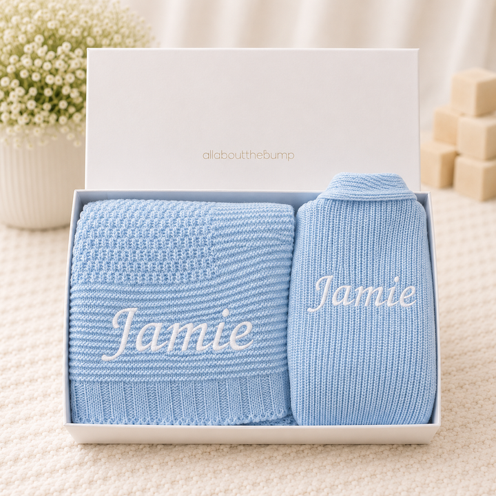 Personalised Blue Blanket and Cardigan Embroidered Baby Hamper