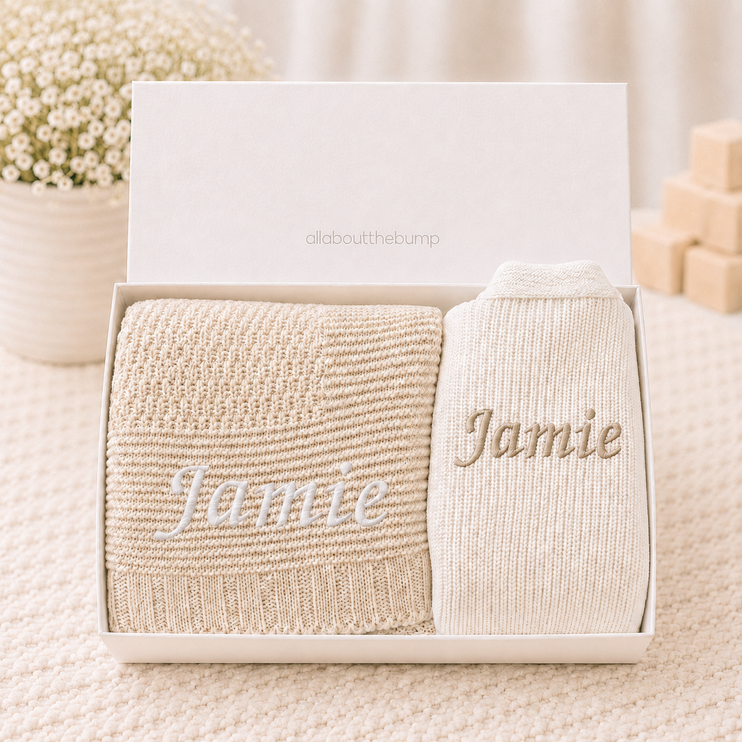 Personalised Beige Blanket and White Cardigan Embroidered Baby Hamper