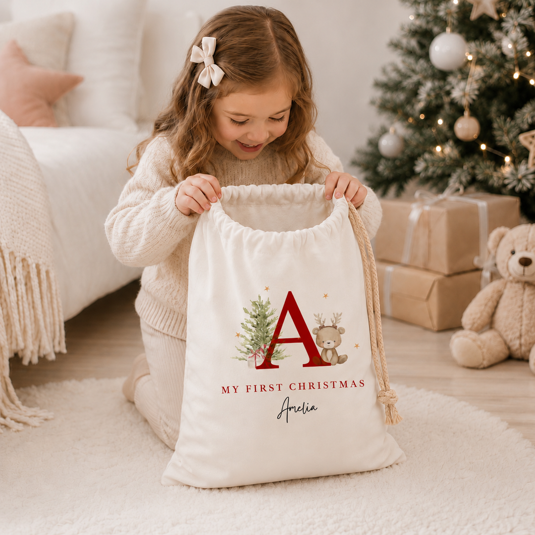 Personalised Bear Reindeer Initial My First Christmas Canvas Santa Sack
