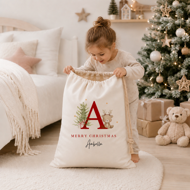 Personalised Bear Reindeer Initial My First Christmas Canvas Santa Sack