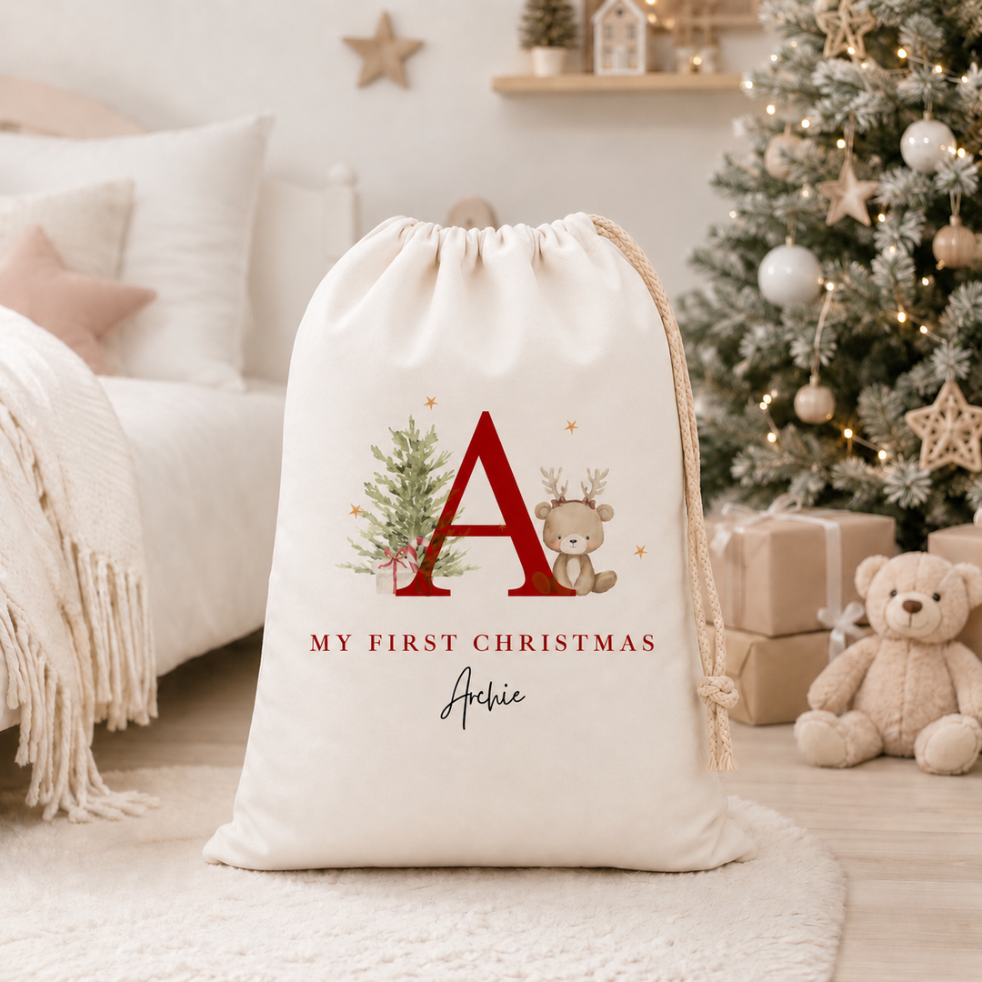 Personalised Bear Reindeer Initial My First Christmas Canvas Santa Sack
