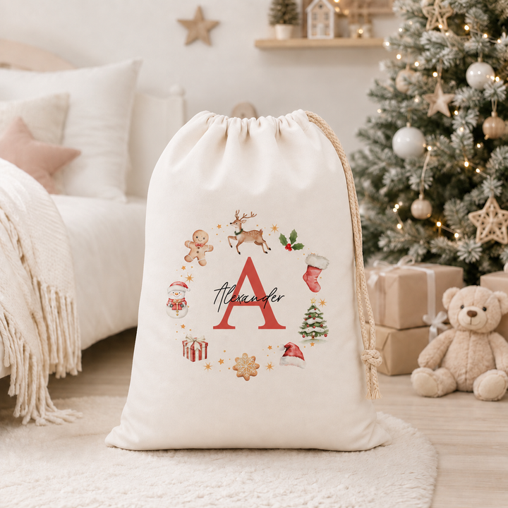 Personalised Gingerbread Wreath Christmas Canvas Santa Sack