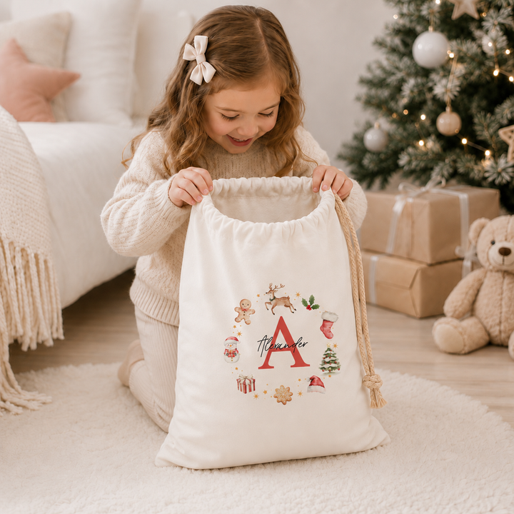 Personalised Gingerbread Wreath Christmas Canvas Santa Sack