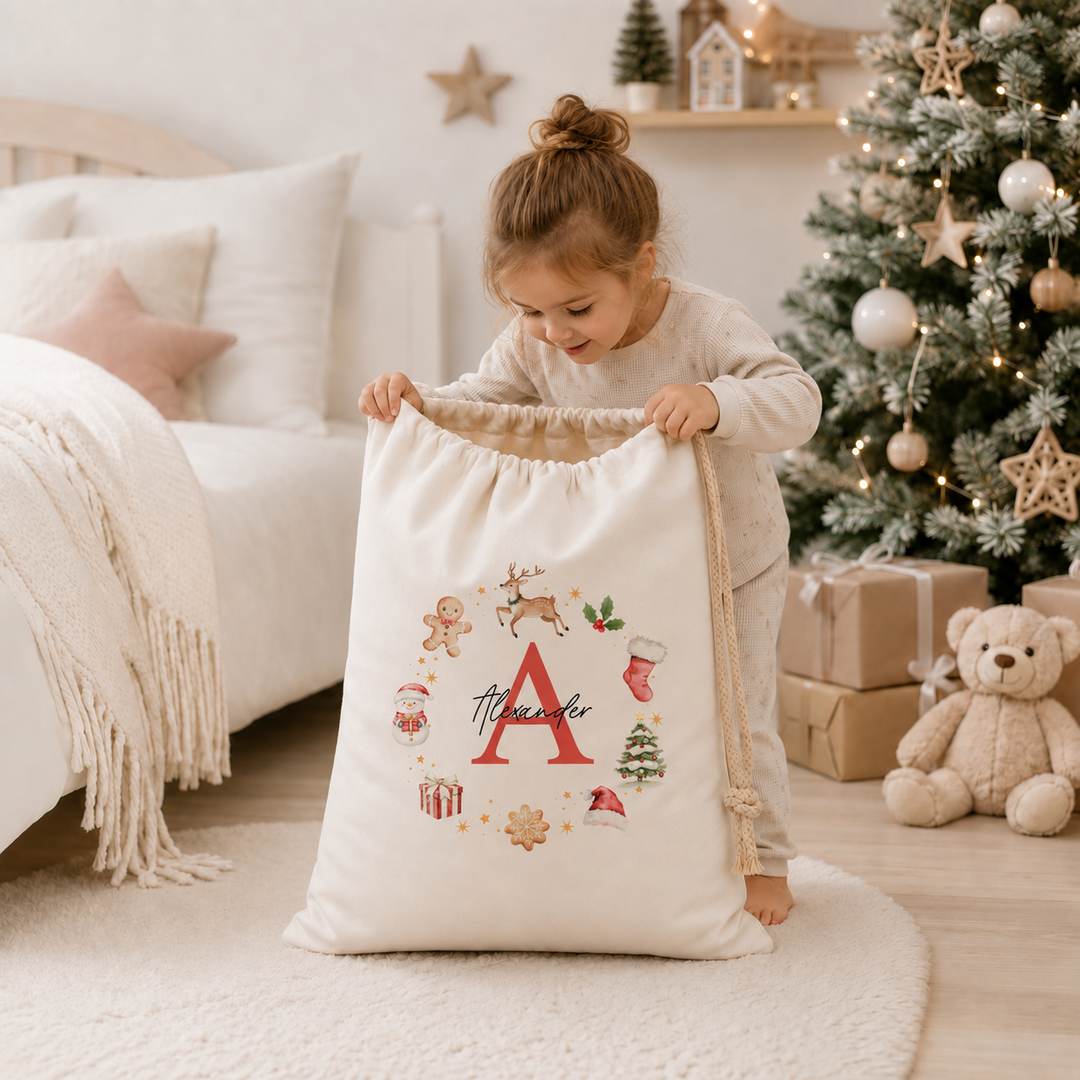 Personalised Gingerbread Wreath Christmas Canvas Santa Sack