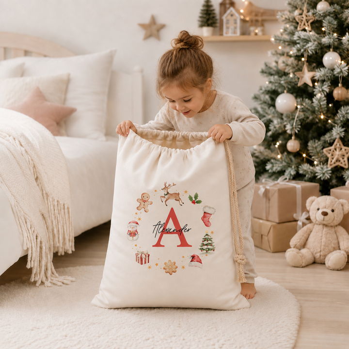 Personalised Gingerbread Wreath Christmas Canvas Santa Sack