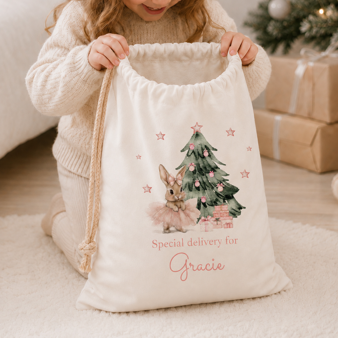 Personalised Pink Ballerina Bunny My First Christmas Canvas Santa Sack