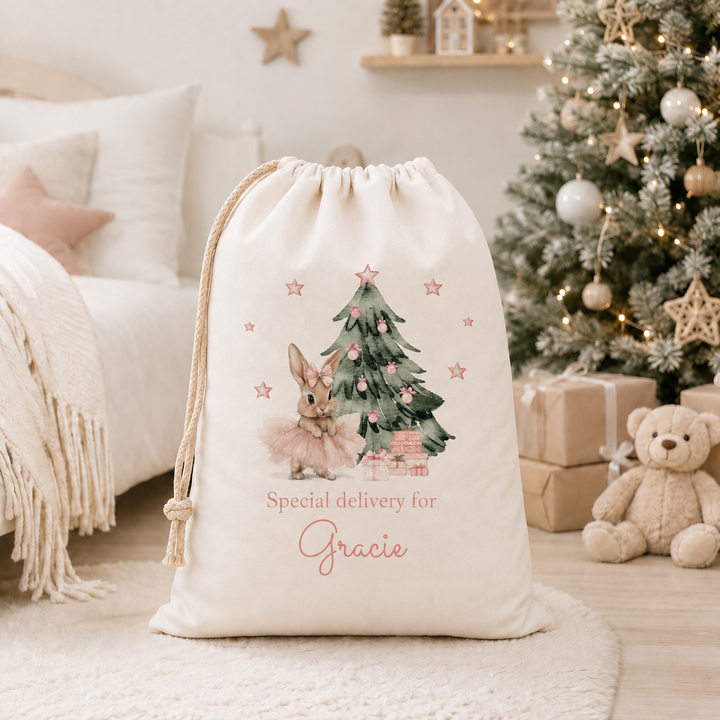 Personalised Pink Ballerina Bunny My First Christmas Canvas Santa Sack