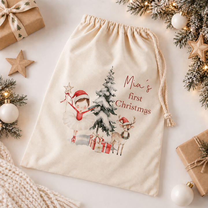 Personalised Red Girl Nutcracker My First Christmas Canvas Santa Sack