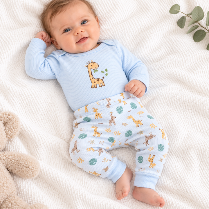 Boys Blue Giraffe Jungle Baby Vest &amp; Leggings Set