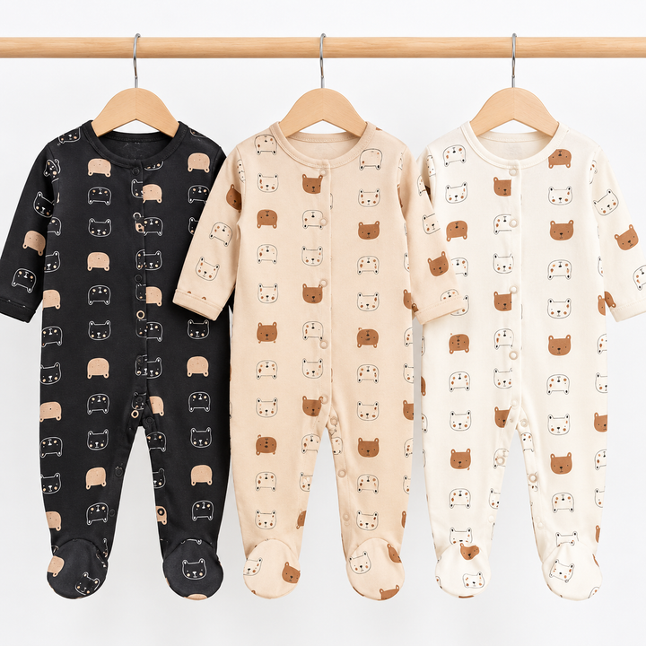 Unisex Biege Bears 3 Pack Baby Grows