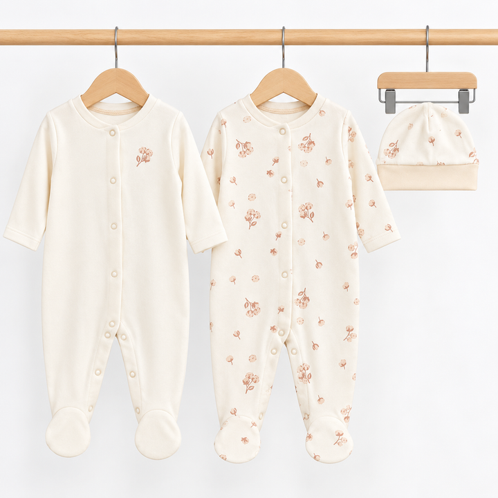 Unisex Cream Floral Organic Cotton 2 Pack Baby Grow &amp; Hat