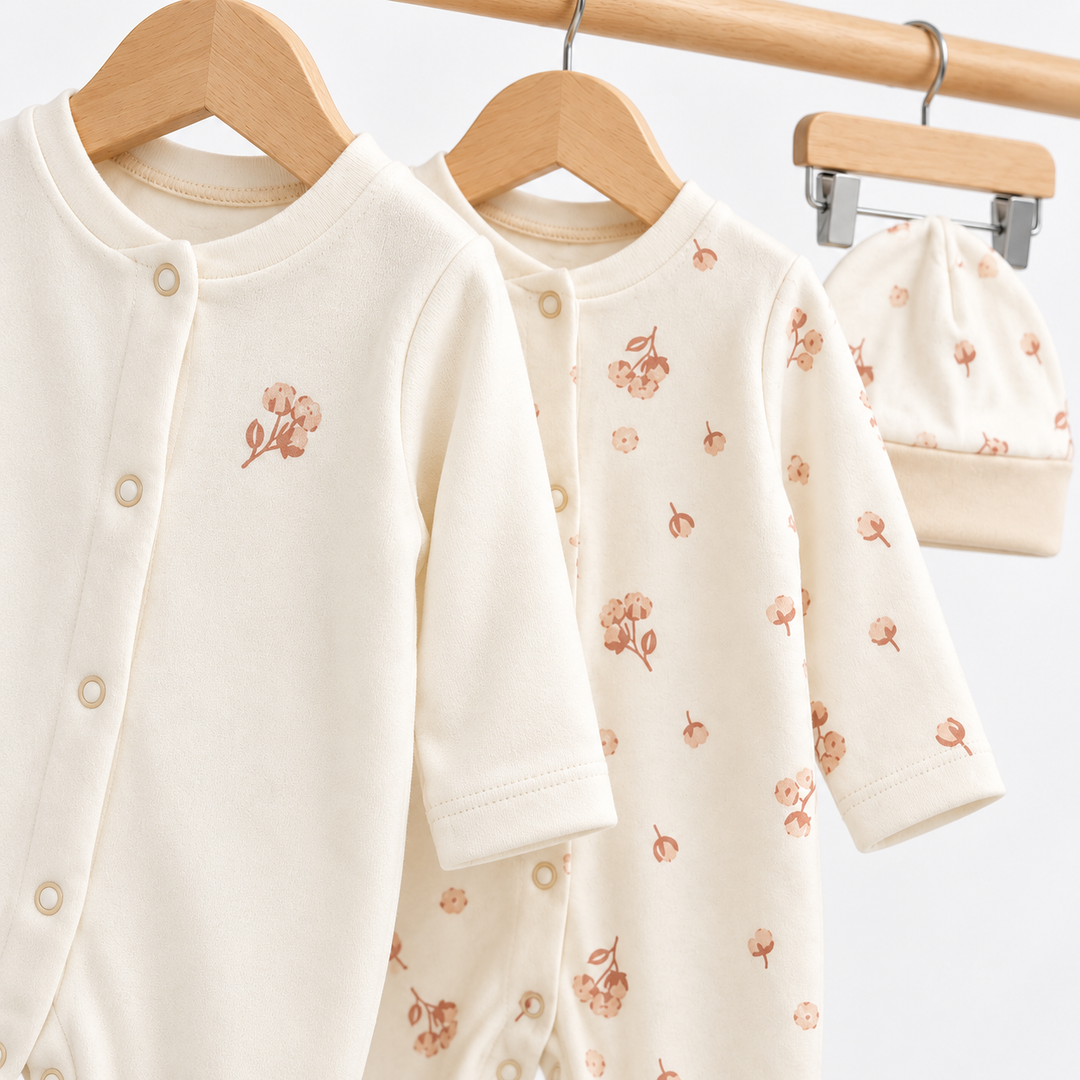 Unisex Cream Floral Organic Cotton 2 Pack Baby Grow &amp; Hat