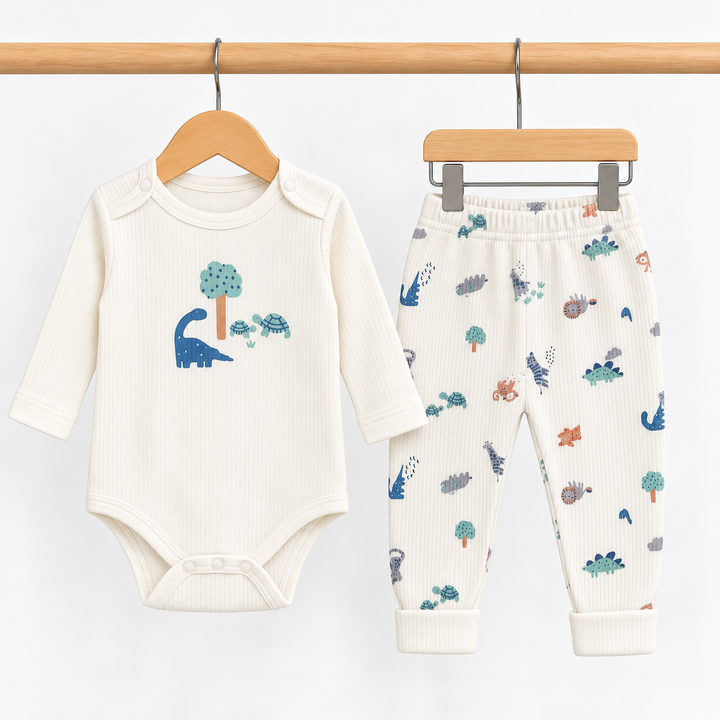 Boys Cream Dinosaur Baby Vest &amp; Leggings Set