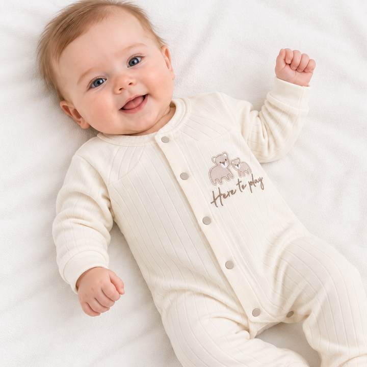 Unisex Here To Play Bears Ribbed Baby Grow