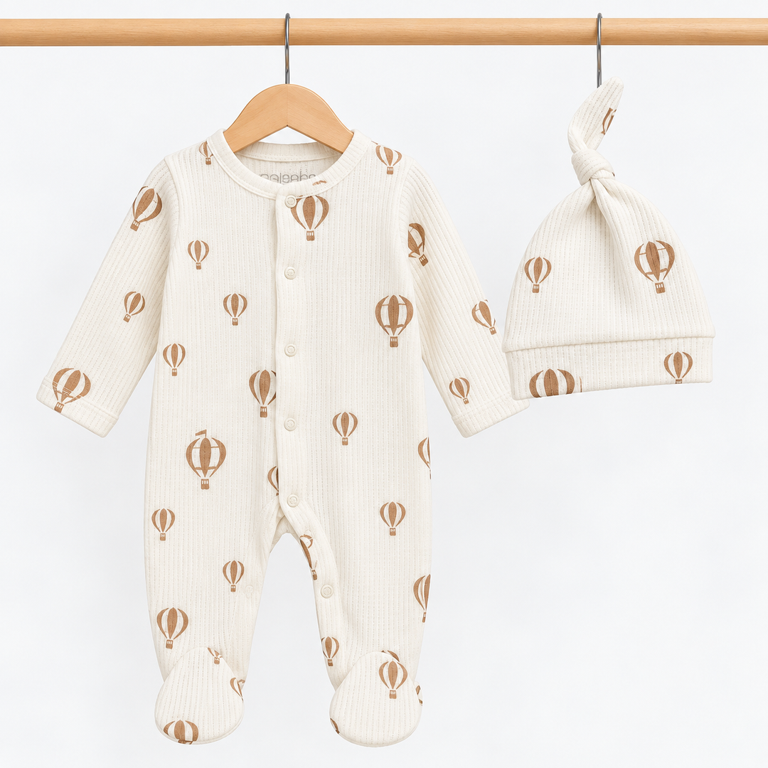 Unisex Beige Hotair Balloon Waffle Baby Grow &amp; Hat Set