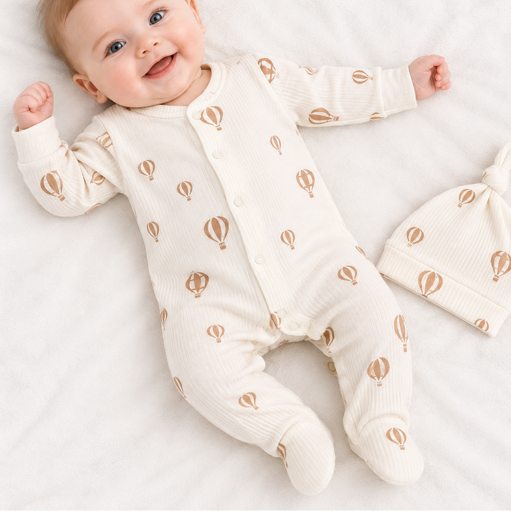 Unisex Beige Hotair Balloon Waffle Baby Grow &amp; Hat Set