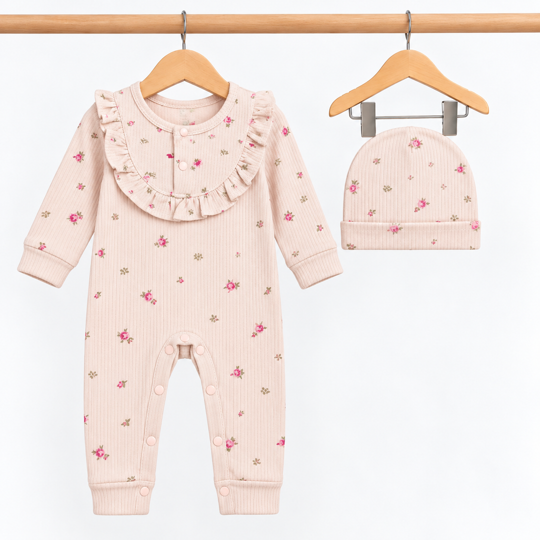 Girls Dusky Pink Floral Ruffle  Romper &amp; Hat Set