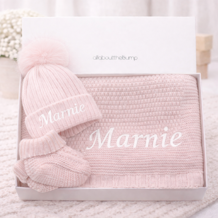 Embroidered Pink Blanket, Hat and Booties Gift Set