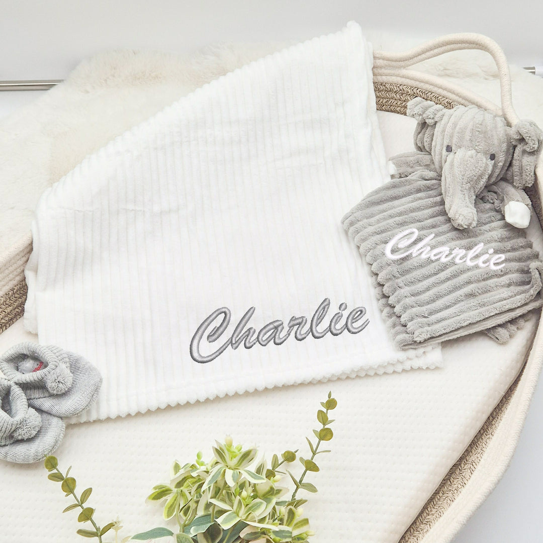 Personalised Embroidered Grey Blanket and Comforter Set