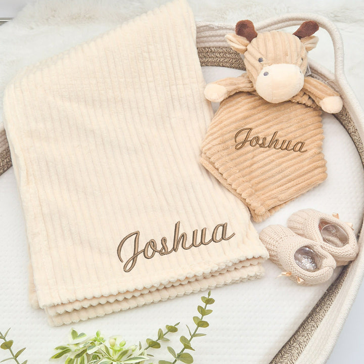 Personalised Embroidered Beige Blanket and Comforter Set