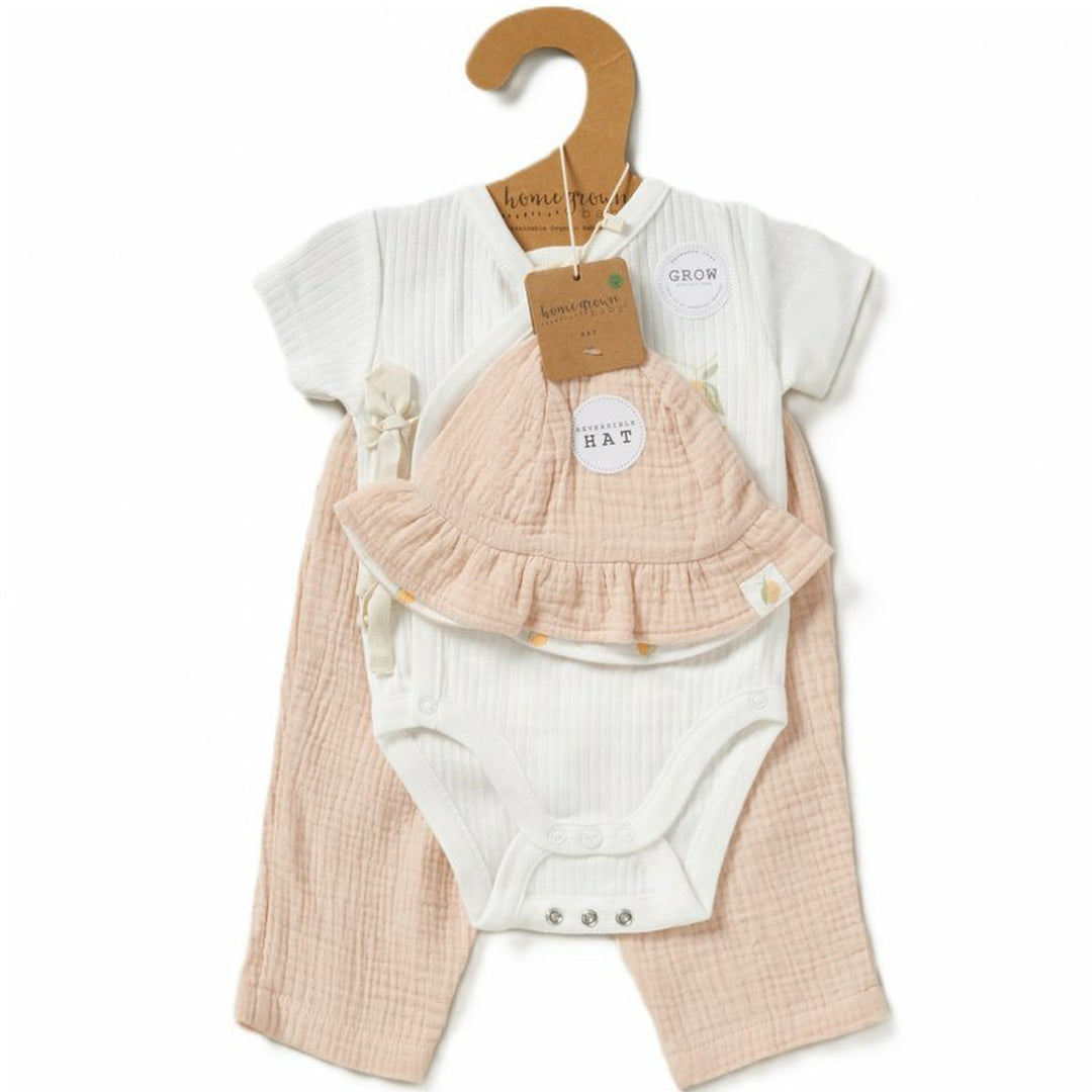 Girls Organic Ribbed Wrap Bodysuit, Trousers and Hat