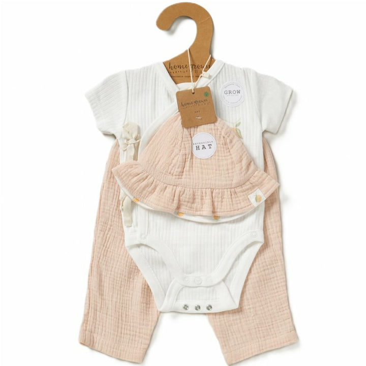 Girls Organic Ribbed Wrap Bodysuit, Trousers and Hat