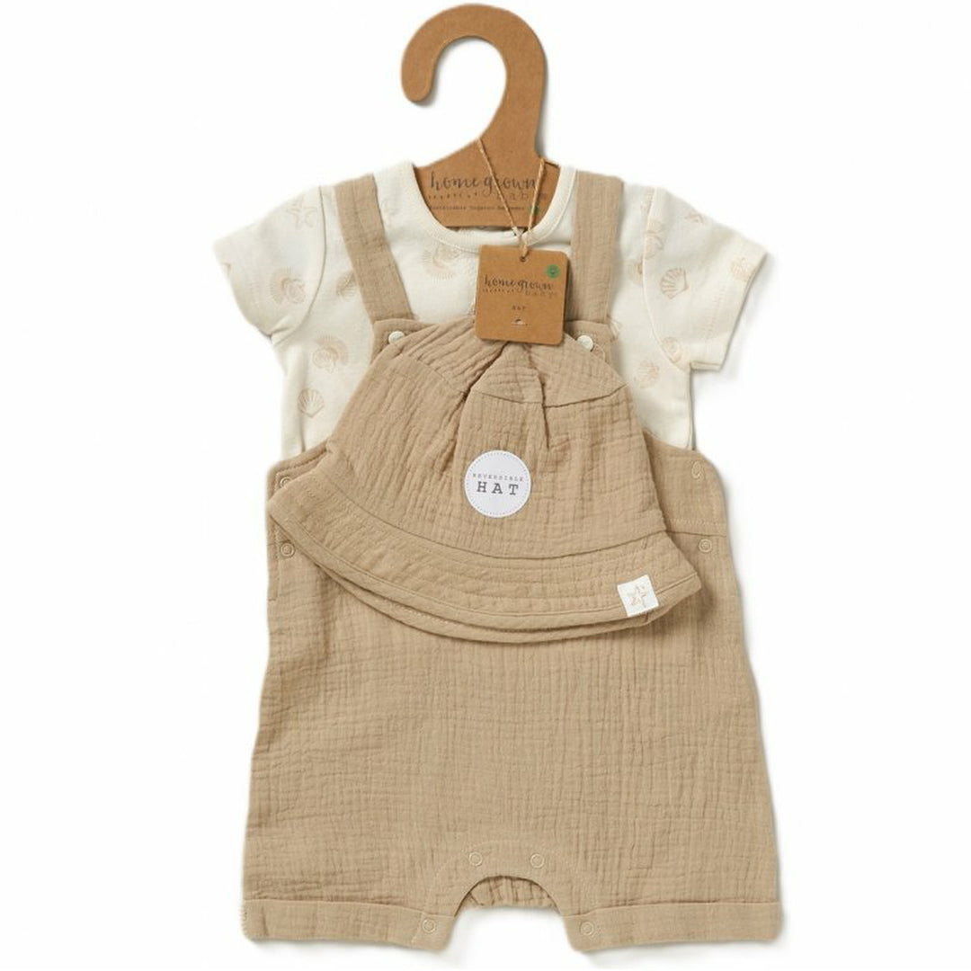 Unisex Organic Woven Dungaree, T-shirt and Hat Set