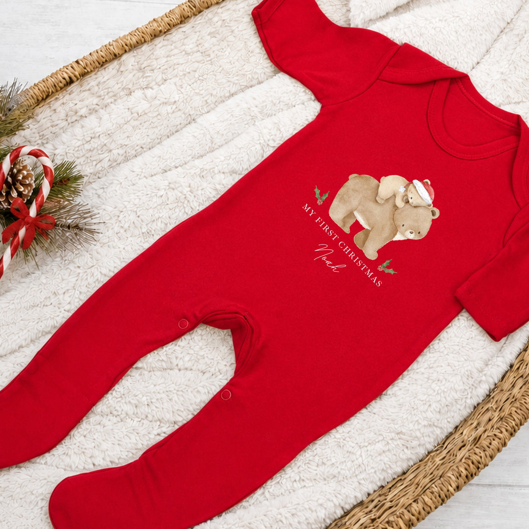 Personalised Baby Bear My First Christmas Red Baby Grow