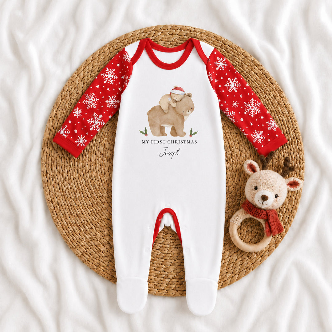 Personalised Baby Bear My First Christmas Pattern Baby Grow