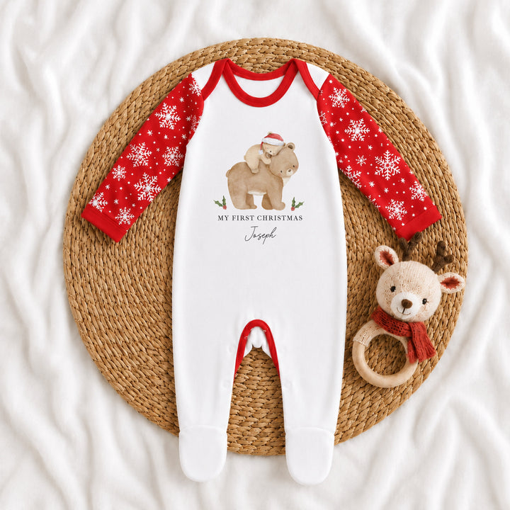 Personalised Baby Bear My First Christmas Pattern Baby Grow