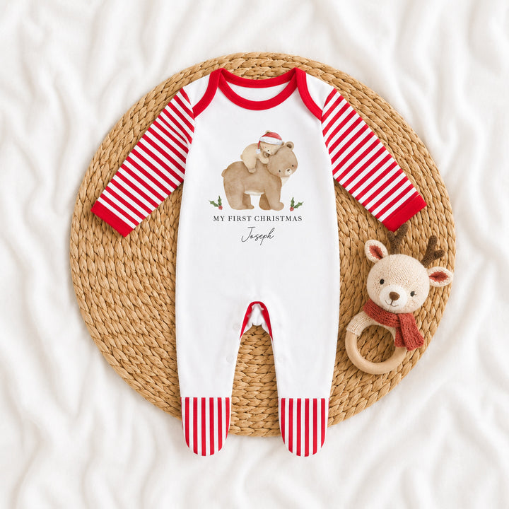 Personalised Baby Bear My First Christmas Red Baby Grow