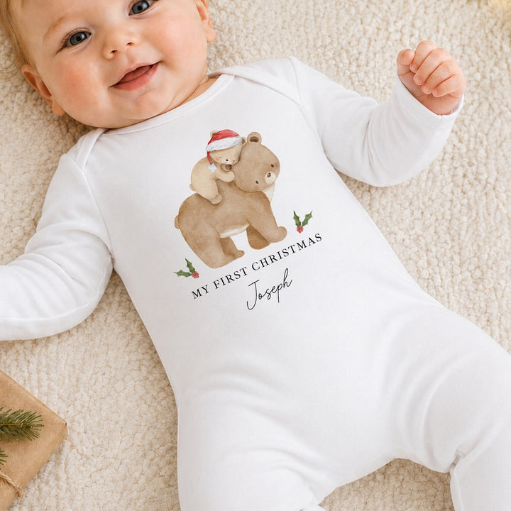 Personalised Baby Bear My First Christmas Baby Grow Or Vest