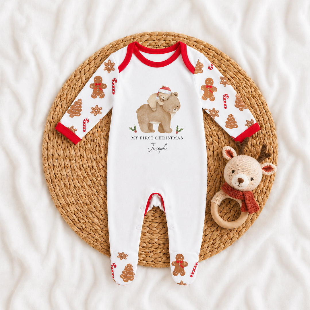 Personalised Baby Bear My First Christmas Pattern Baby Grow
