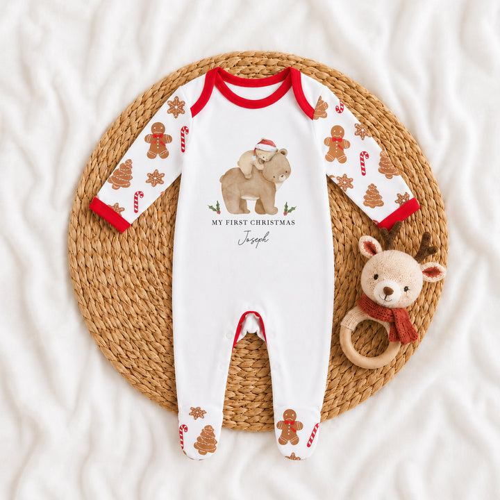 Personalised Baby Bear My First Christmas Pattern Baby Grow