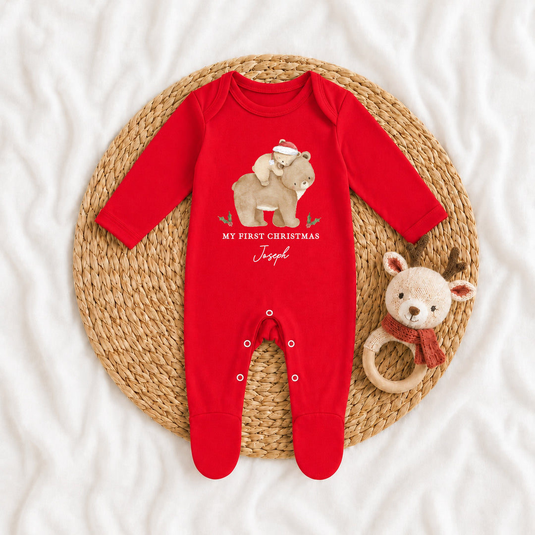 Personalised Baby Bear My First Christmas Red Baby Grow