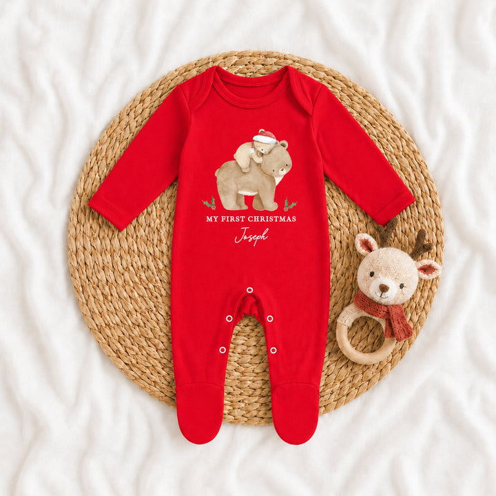 Personalised Baby Bear My First Christmas Red Baby Grow