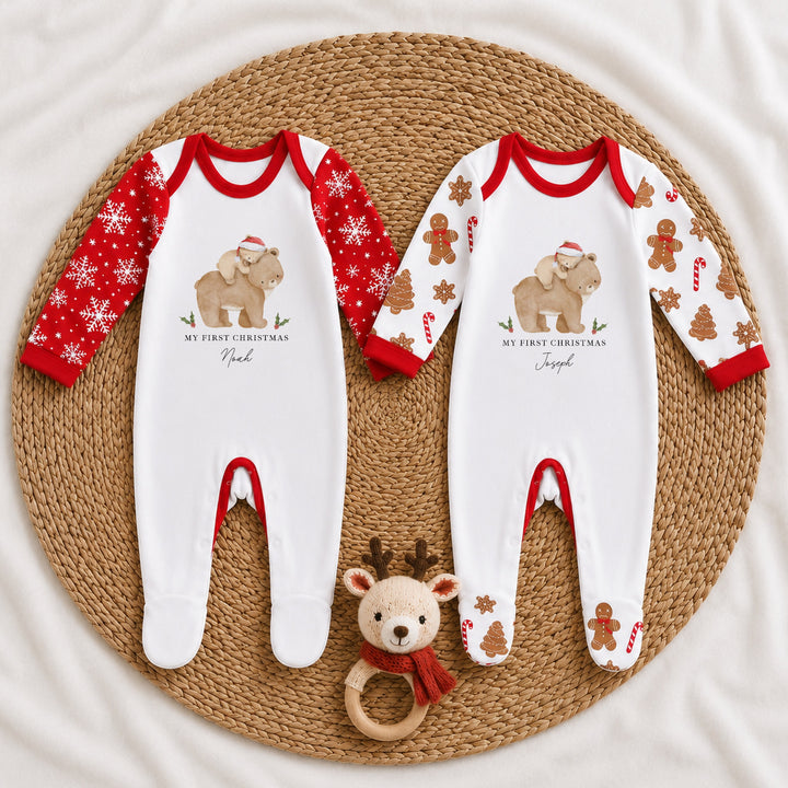 Personalised Baby Bear My First Christmas Pattern Baby Grow